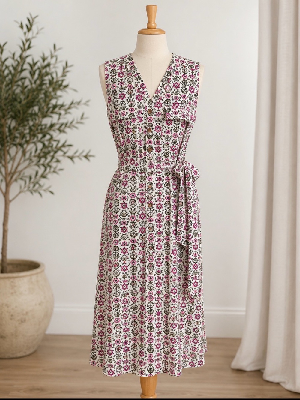 croft & barrow Pink and Green Floral V-Neck Tie-Waist Midi Dress